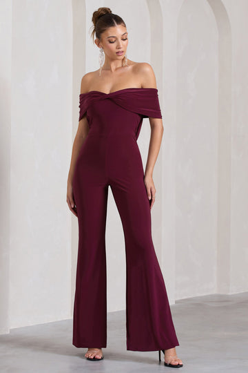 Gemma Burgundy Bardot Open-Back Flared-Leg Jumpsuit